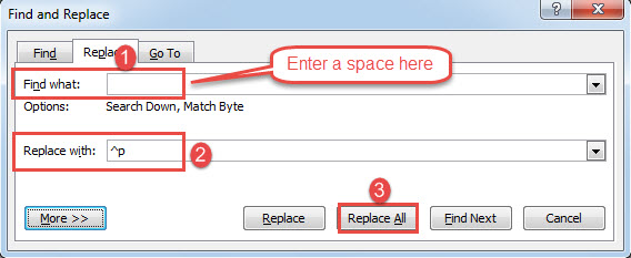 Enter a space in "Find what" box->Enter "^p" in "Replace with" box->Click "Replace All"